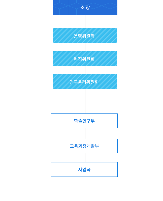 소장 밑에 운영위원회, 편집위원회, 연구윤리위원회 밑에 학술연구부, 교육과정개발부, 사업국